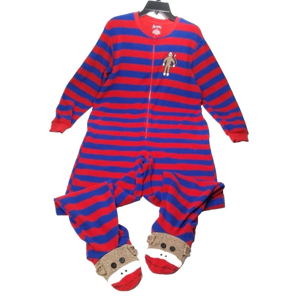Nick & Nora One Piece‎ Footed Pajamas Sock Monkey Adult M Striped Fleece Zipper